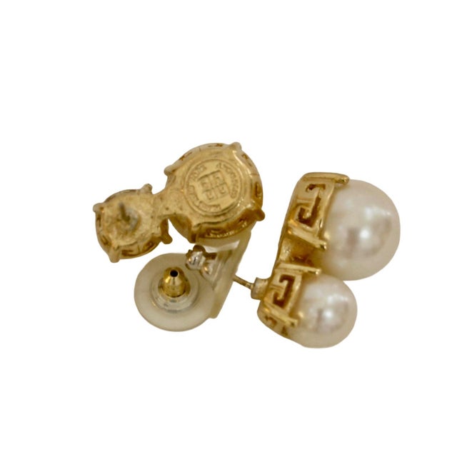 Modern Givenchy 1970s Double Glass Pearl Gold Plated Crown Setting Earrings, 2 Pieces For Sale - Image 3 of 3
