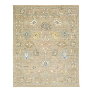 Room Sized Contemporary Floral Oushak Style Wool Rug in Beige For Sale