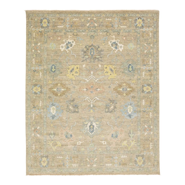 Room Sized Contemporary Floral Oushak Style Wool Rug in Beige For Sale