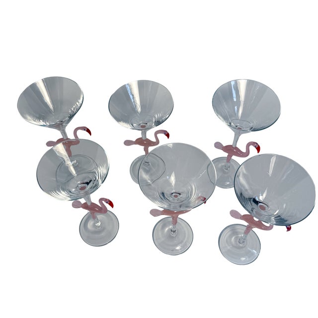 Vintage Hand-Blown Pink Flamingo Martini Glasses - Set of 6 For Sale In Raleigh - Image 6 of 7