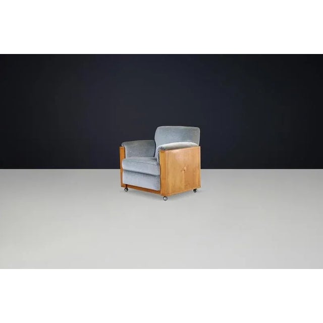 Art Deco Dutch Oak Armchair with Inlaid Motif and Original Grey Velvet, 1930s For Sale - Image 9 of 10