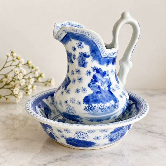 An elegant vintage miniature pitcher and basin set featuring traditional Chinese-inspired landscape decoration in rich...