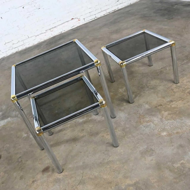 MCM to Modern Tubular Chrome Brass & Smoke Glass Trio of Cocktail Table & End Tables For Sale - Image 4 of 13