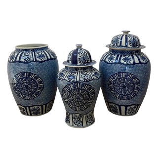 Set of 3 Large Blue & White Jars From Barclay Butera For Sale