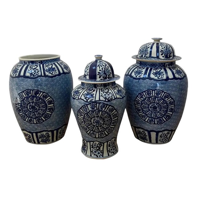 Set of 3 Large Blue & White Jars From Barclay Butera For Sale