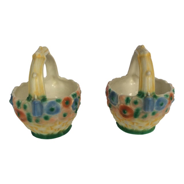 Czechoslovakia Pottery Flower Baskets - a Pair For Sale