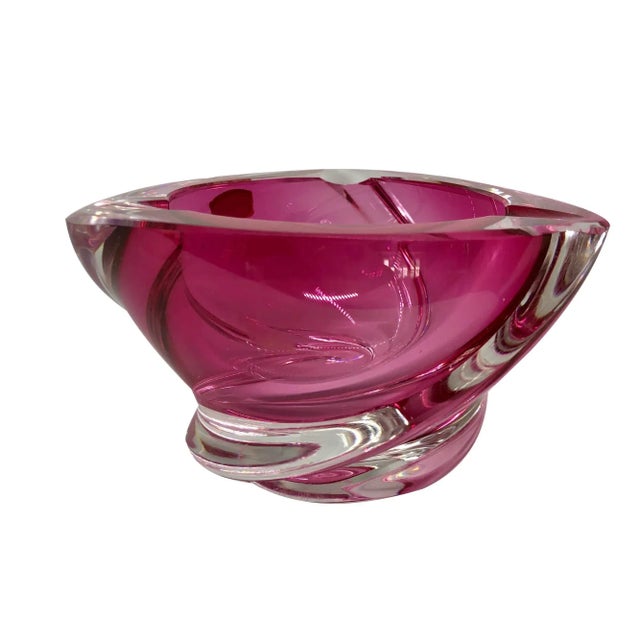 A fine mid-century clear to pink swirled crystal ashtray by Val St. Lambert. It retains its original paper label and has...