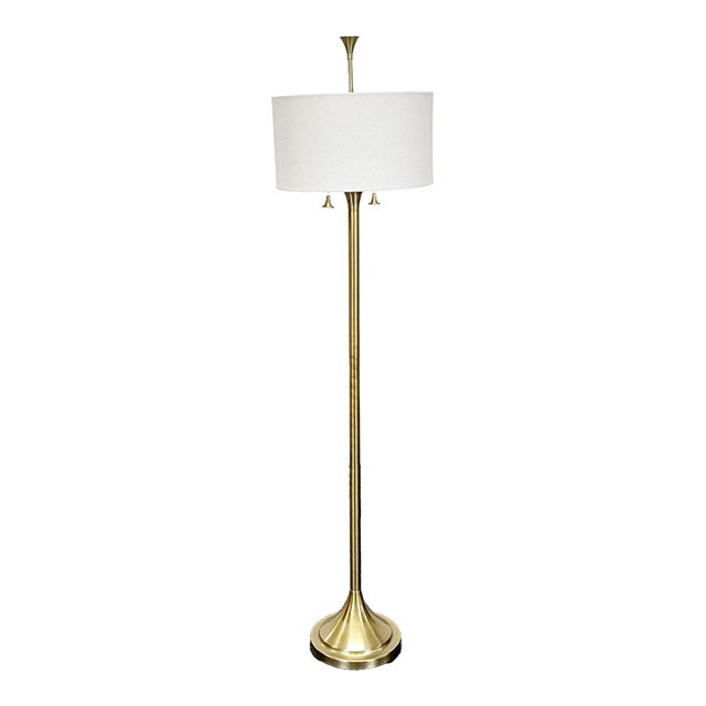 Mid-Century Modern Style Brass Floor Lamp With White Fabric Shade For Sale