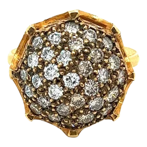 Vintage Retro 22K Carved Yellow Gold and Round Ball Diamond Cluster Ring, Size 6.5