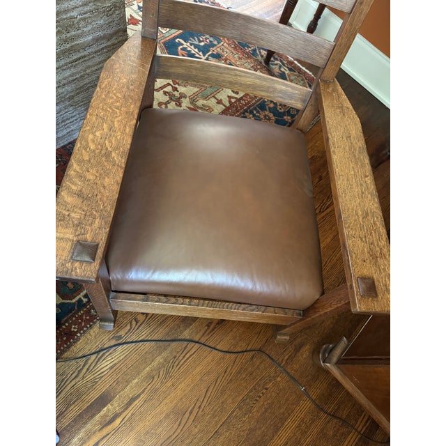 Brown Antique Mission Oak Rocking Chair With New Leather Seat by Willow Branch Upholstery For Sale - Image 8 of 8