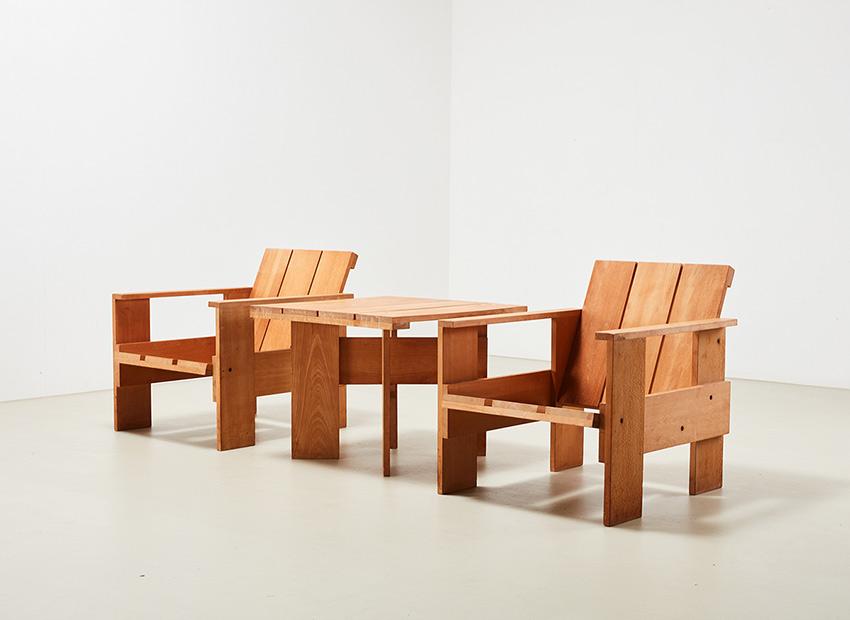 Crate Chairs and Table by Gerrit Rietveld for Cassina, 1979, Set