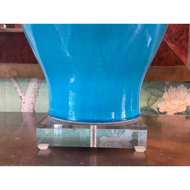 Contemporary Pair of Turquoise Ceramic Table Lamps For Sale - Image 9 of 10