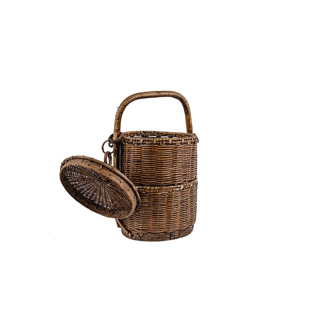 Wood Vintage Antique Small 2 (Two) Tier Chinese Wedding Basket With Linked Lid For Sale - Image 7 of 15