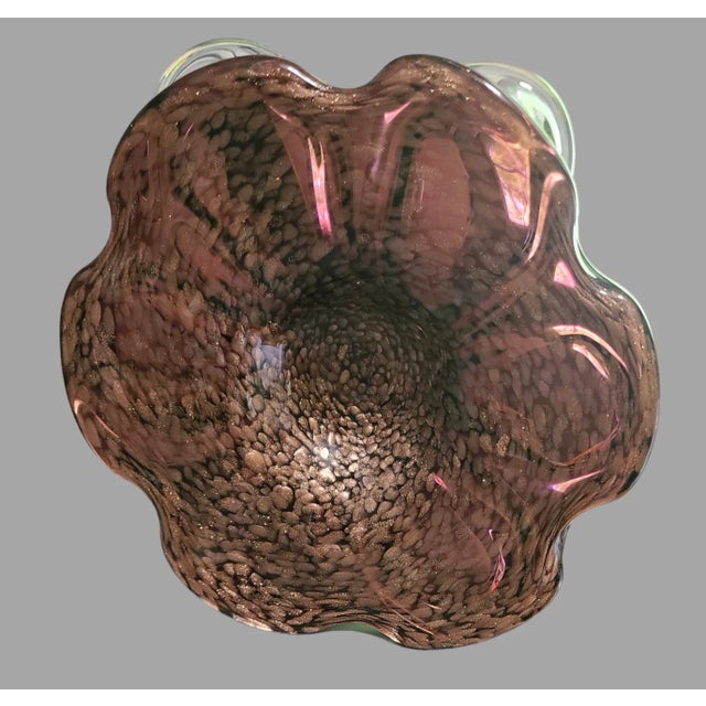 Mauve Vintage Murano Art Glass Flower Shaped Bowl Blum Purple Color Copper Dust Original Label For Sale - Image 8 of 9