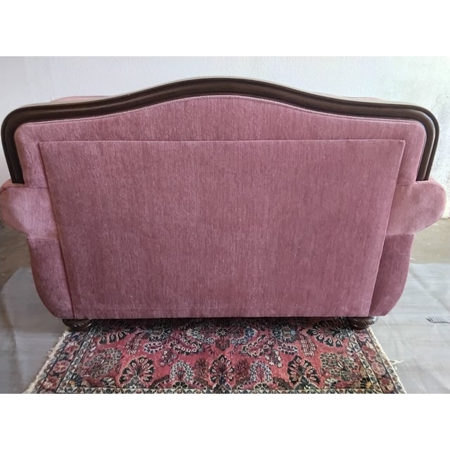 Vintage Hollywood Regency Style Carved Wood Pink Upholstered Loveseat For Sale - Image 13 of 15