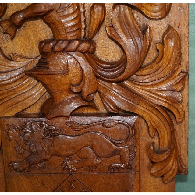 Large Antique Hand-Carved Oak Heraldic Coat of Arms Armorial Panel For Sale - Image 12 of 18