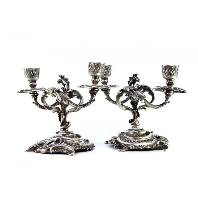 Silver 2-Light Candelabras with Reliefs, Shells, Garlands and Applications, Set of 2, in Very Good conditions. Designed...
