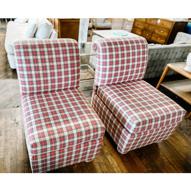Vintage Ashley Manor Pair of Red, White and Green Plaid Slipper Side Chairs For Sale - Image 4 of 12