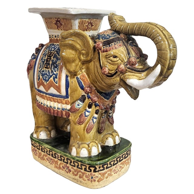 Large Vintage Chinese Asian Glazed Terracotta Elephant Garden Stool Bench For Sale - Image 4 of 15