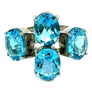 925 Sterling Silver Ring With Sparkling 9.59 CTW Blue Topaz 4 Stone in Prong Set - Size 7.5 For Sale
