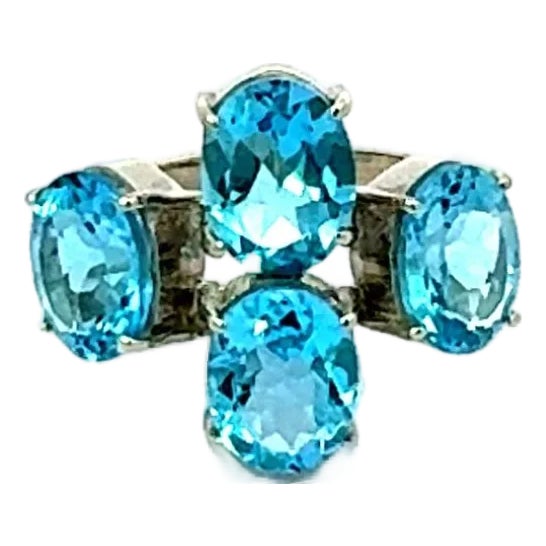 925 Sterling Silver Ring With Sparkling 9.59 CTW Blue Topaz 4 Stone in Prong Set - Size 7.5 For Sale