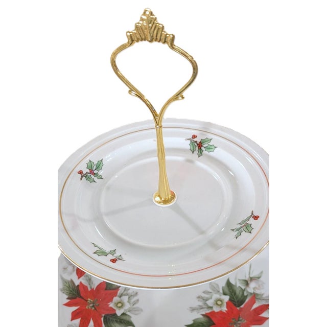 Custom Four-Tier "Poinsettias & Holly" Christmas China Serving Stand For Sale - Image 4 of 4