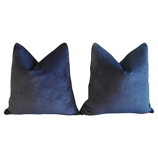 Custom Tailored Midnight Blue Velvet Feather/Down Pillows - Pair For Sale - Image 4 of 6