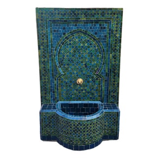 Large 2 Color Tamegroute Green and Petrol Blue Moroccan Mosaic Tile Fountain For Sale
