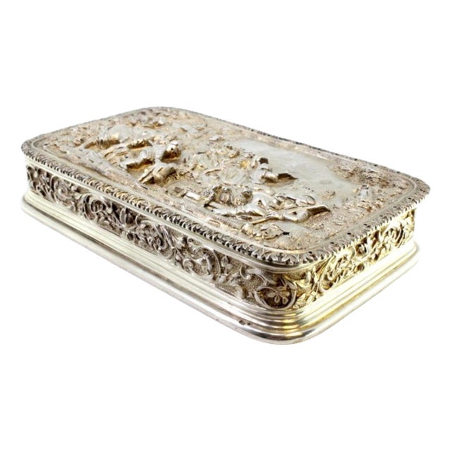 Silver Box with Relief Castle Country Motifs, Frieze Lid and Garlands For Sale