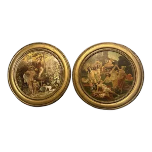 Pair of Late 19th Century Antique Advertising Metal Tin Wall Plaques Celebration of Fall & Bacchus
