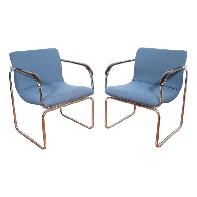 Vintage Pair Tubular Chrome Arm Chairs by Goodform Bauhaus Milo Baughman Style Mid Century Modern Retro For Sale