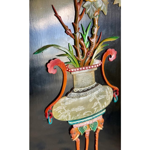 1960s Mother of Pearl Wall Panel Lacquered Black Lotus Flower Elephant Leg Vase For Sale In Miami - Image 6 of 12