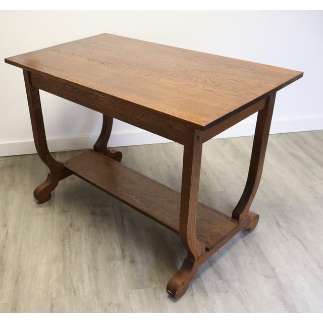 1910s Antique Arts & Crafts Oak Library Table With Lyre-Form Supports & Bookshelf, C 1910–1920 For Sale - Image 5 of 9