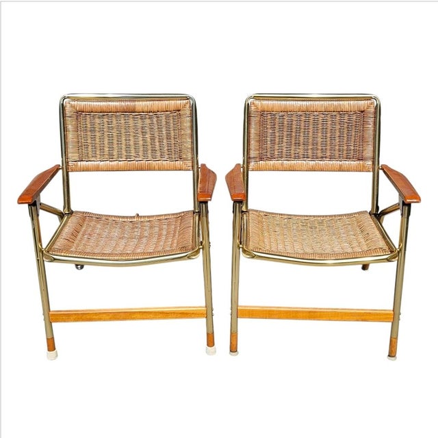 Mid Century Modern Telescope Wicker and Aluminum Folding Armchairs - Set of 2 For Sale - Image 13 of 16