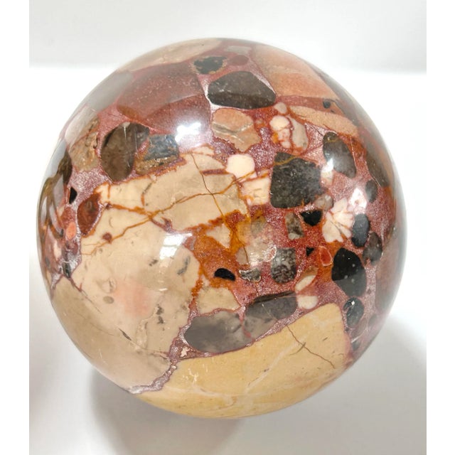 Metal Large Vintage Polished Stone Eggs With Brass Stand – Pair For Sale - Image 7 of 7
