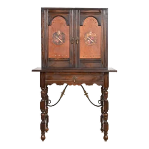 Baker Furniture Spanish Colonial Carved Oak Leather Front Bookcase or Bar Cabinet, Circa 1900