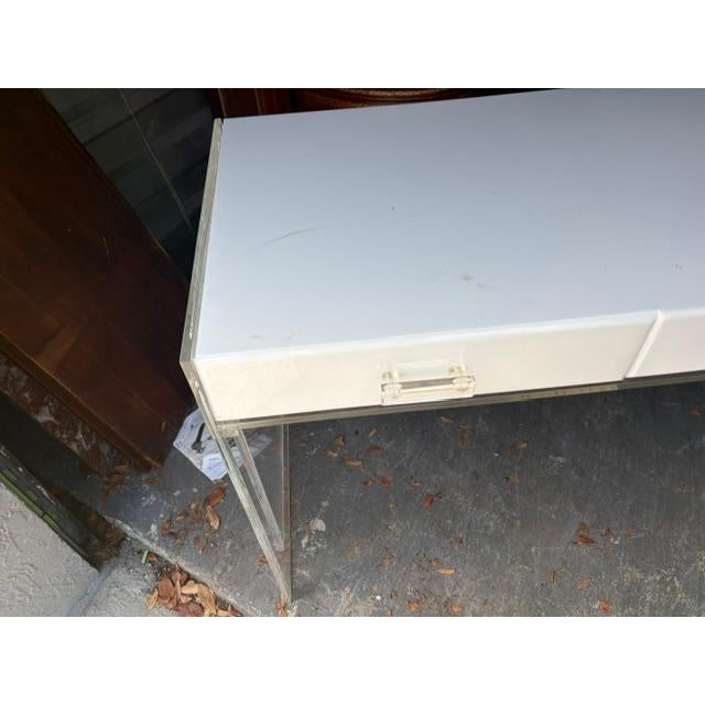 Plastic 1970s White and Lucite 66 Inch 3 Drawer Writing Desk For Sale - Image 7 of 9