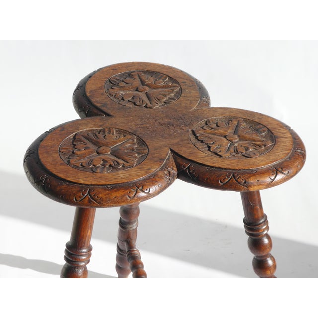 Rustic Antique Oak Wooden Side Table with Floral Carved Bobbin Leg and Pedestal Trefoil Top, 1920s For Sale - Image 3 of 11