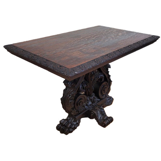 Victorian Antique American Carved Oak "Fleur-De-Lis" Base Renaissance Library Center Table For Sale - Image 3 of 13
