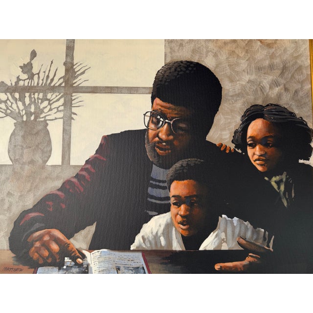 Vintage Matthew African Family Interior Scene Acrylic on Canvas Painting, Framed For Sale - Image 4 of 12