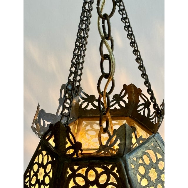 Mid 20th Century Moroccan Pierced Brass Hanging Lantern For Sale - Image 4 of 10