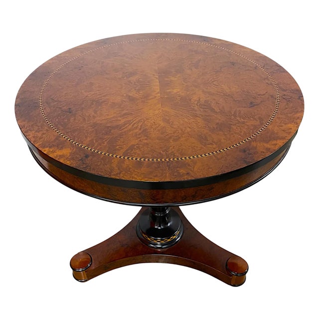 Regency-Style Burl Walnut & Ebony Pedestal Center Table With Marquetry Inlay - Refinished For Sale