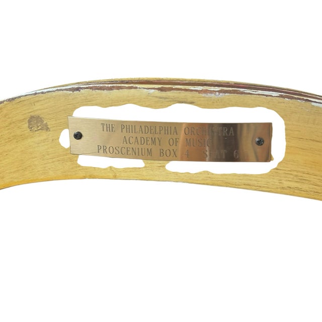 Wood Historic Philadelphia Orchestra Academy of Music Proscenium Box Chair With Original Brass Identifier Plaque For Sale - Image 7 of 8