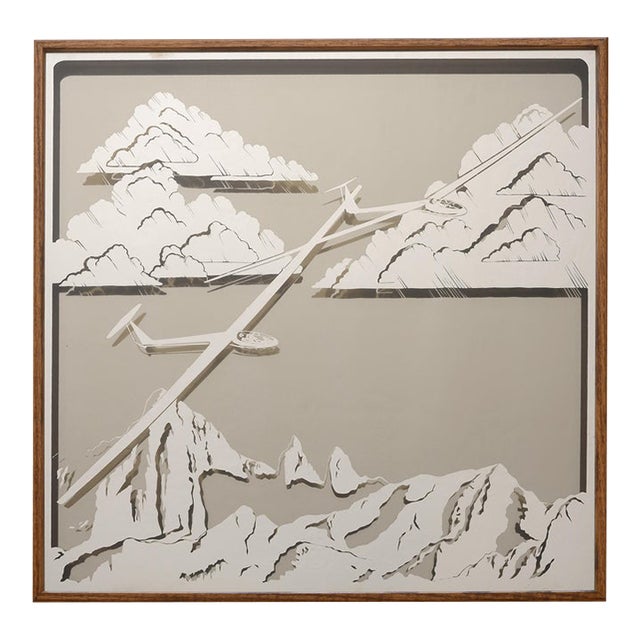 Very rare vintage mirror shadow box from the 1970s featuring a pair of gliders or sailplanes flying above mountains with...