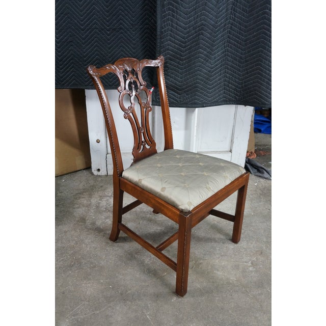 6 Late 20th Century Maitland Smith Chippendale Pierced Mahogany Dining Side Arm Chairs Silk Seats For Sale - Image 6 of 18