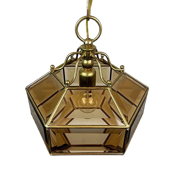 Vintage Diamond Hex Crystal Pendant Lamp in Golden Brass, Italy, 1960s For Sale
