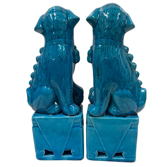 Vintage Chinese Porcelain Turquoise Foo Dog Figurines - A Pair For Sale - Image 9 of 9