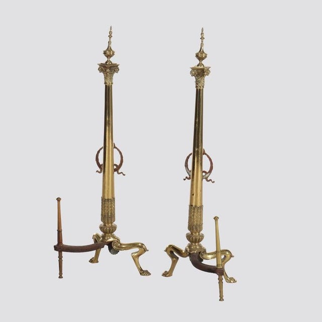 Traditional Oversized Pair of Antique French Empire Brass Fireplace Chenets 19thC For Sale - Image 3 of 7