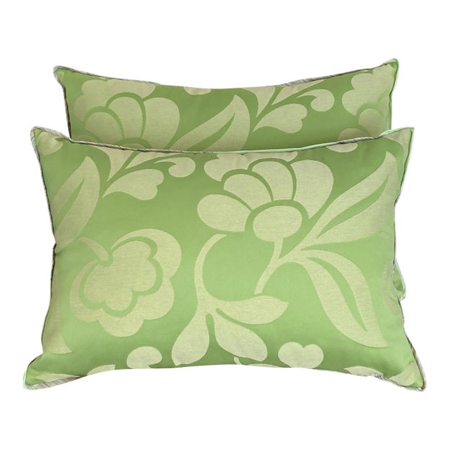 Family Room Green Floweret Damask Pillows - a Pair For Sale