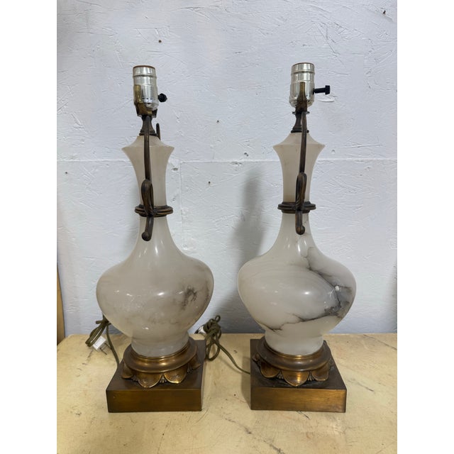 Hollywood Regency 1960s Hollywood Regency Alabaster Bronzed Lamps - A Pair For Sale - Image 3 of 6